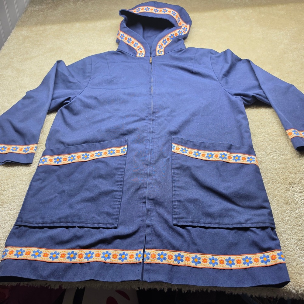 Vintage Handmade Navy Blue Canvas Hooded Parka Jacket Floral Ribbon Trim Pockets